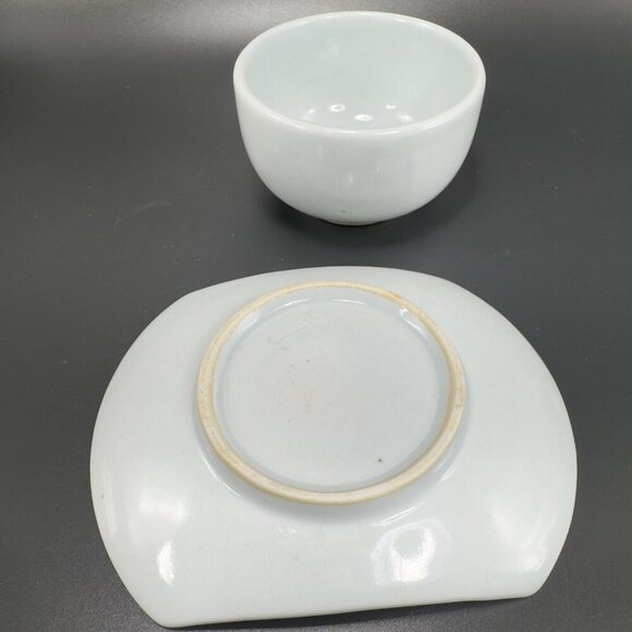 Vintage Hand Made Oriental Teacup And Saucer Set Light Green Blue Tint Pottery - Picture 7 of 10